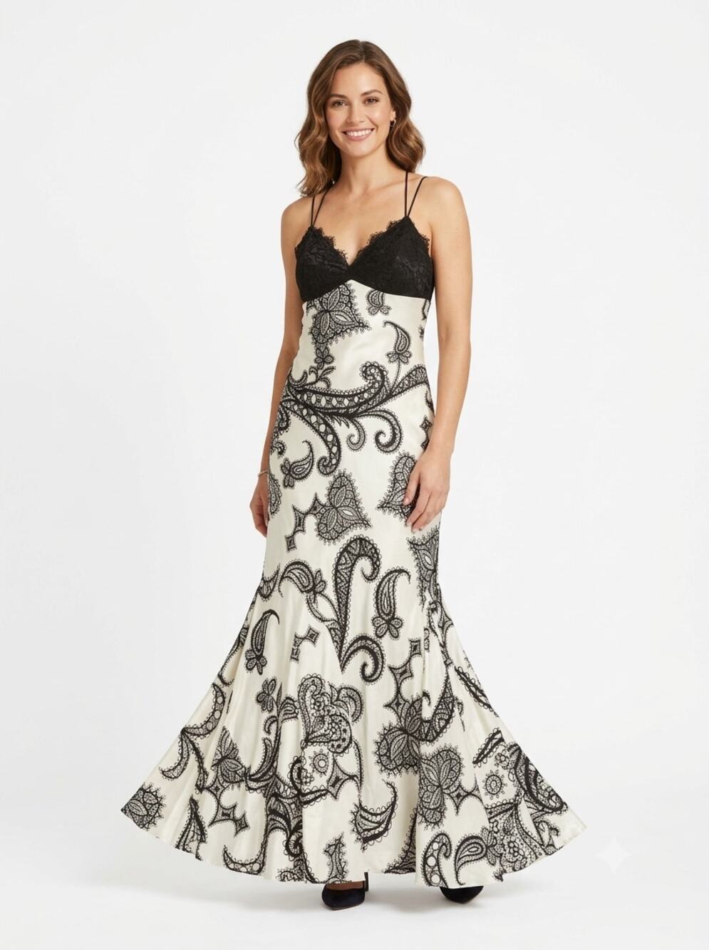 VTG Mary L. Couture Gown Maxi Dress Women's 8 Black White Paisley Lace Trim USA